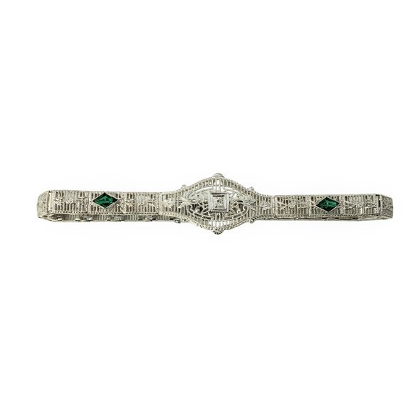 Vintage 10 Karat White Gold Filigree Diamond & Simulated Emerald Bracelet #11635 - Picture 1 of 8